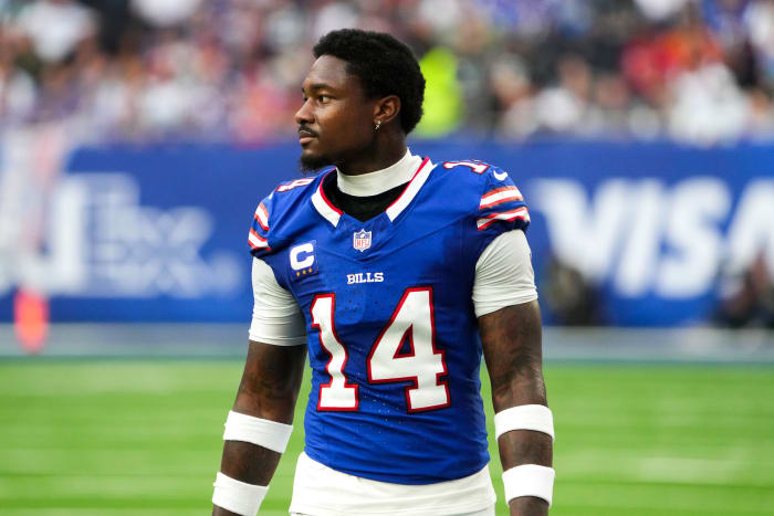 London United Kingdom, Buffalo Bills wide receiver Stefon Diggs (14) watches from the sidelines during the second half of an NFL International Series game against the Jacksonville Jaguars at Tottenham Hotspur Stadium